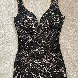 Emerald Sunday Black Lace Ruched Fitted Dress , Knee Length, Built in Support